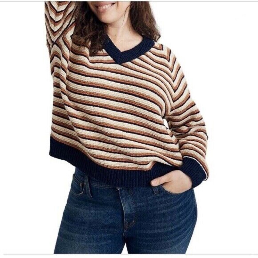 Madewell Women's V-Neck Sweater long sleeve Cropped Stripe Size L New $120
